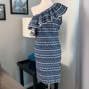 Parker One shoulder ruffle sleeveless knee length sheath dress sz med